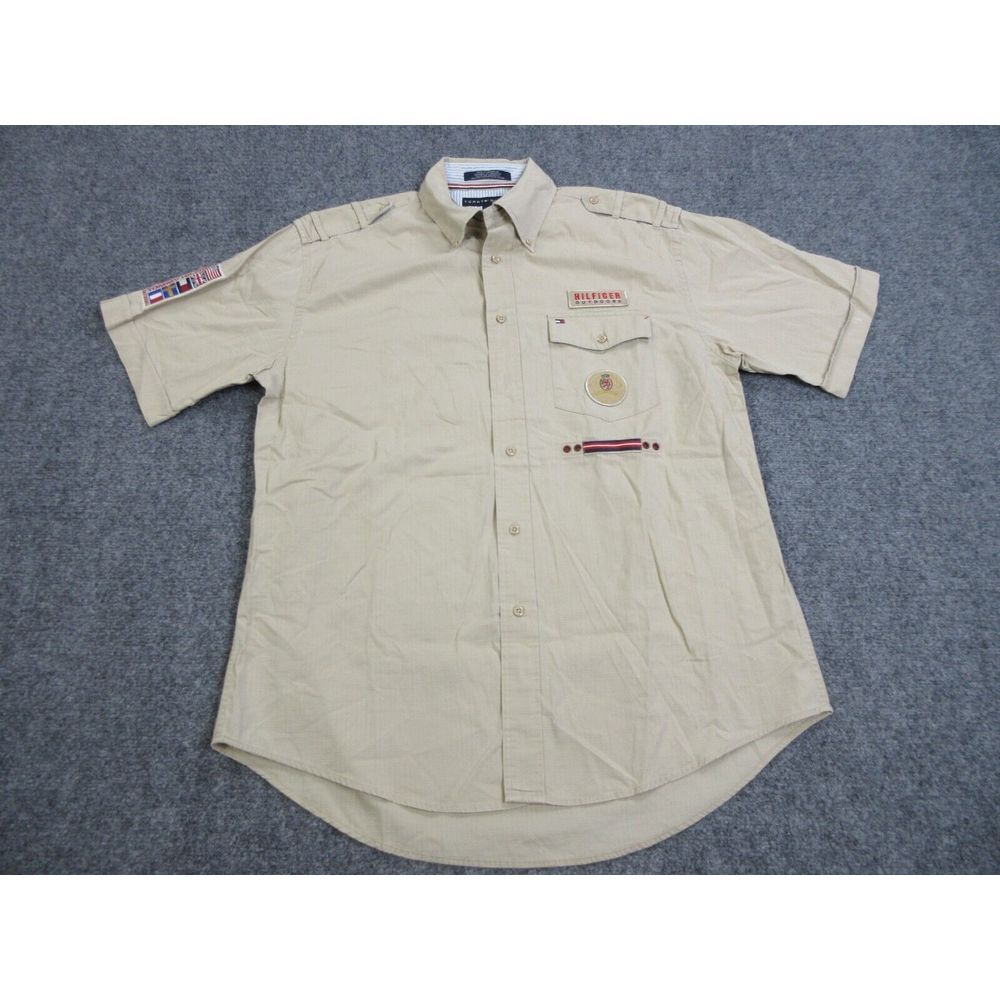 VINTAGE Tommy HIlfiger Shirt Mens Medium Beige Button Up‎ Safari Outdoors Camp